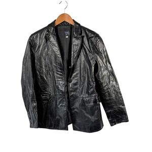Gap vintage Black Leather Blazer Jacket Women's SzMedium Button Front 90's y2K‎